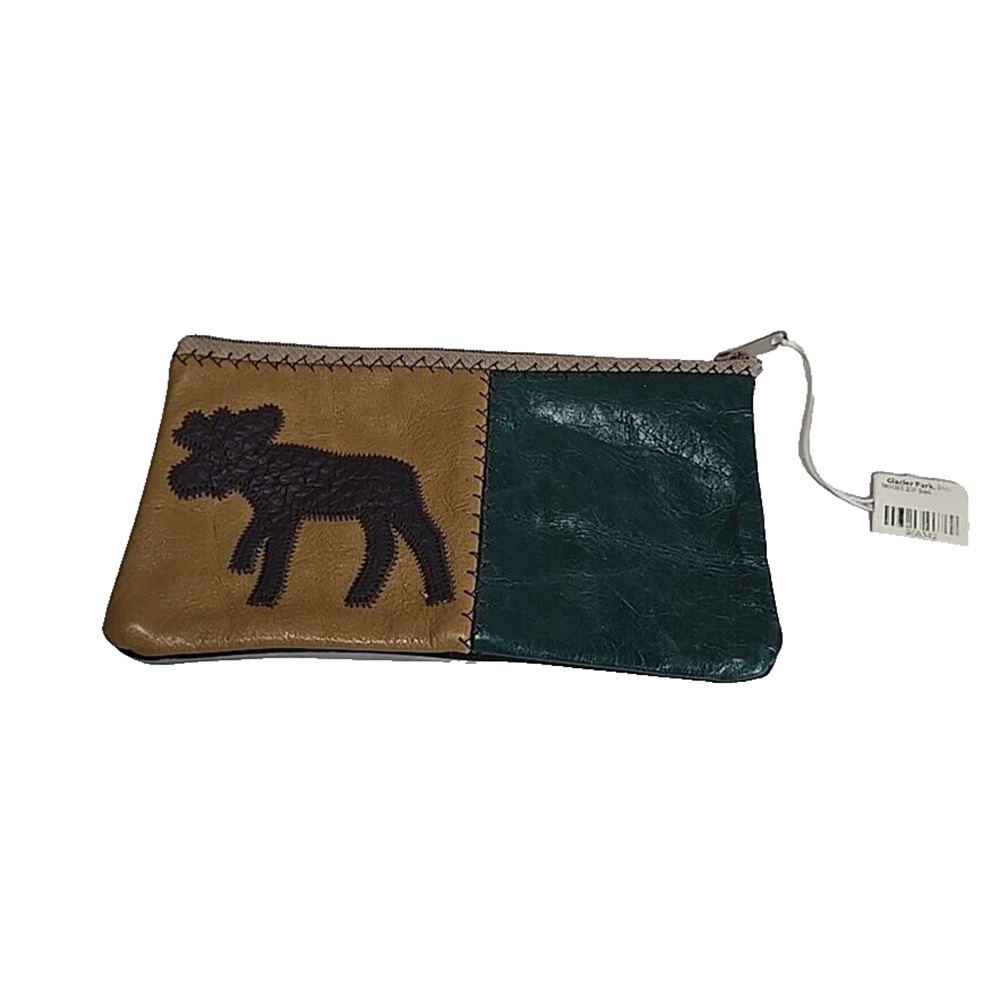 NWT Glacier Park Brown Green Leather Moose Patchwork Pebbled Womans Zip Wallet